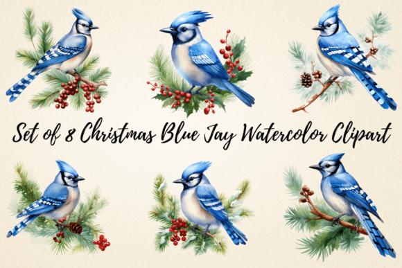 Christmas Blue Jay Watercolor Clipart for Modern Illustrations