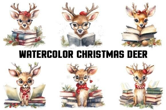 Christmas Deer Books Watercolor Clipart for Illustrations