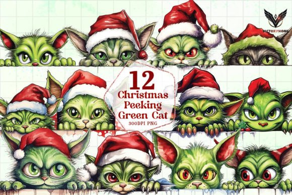 Christmas Peeking Green Cat Clipart PNG Review