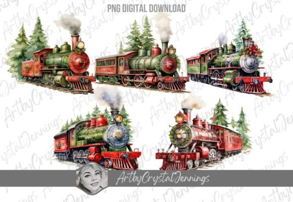 Christmas Train, Watercolor Winter Train for Illustrations
