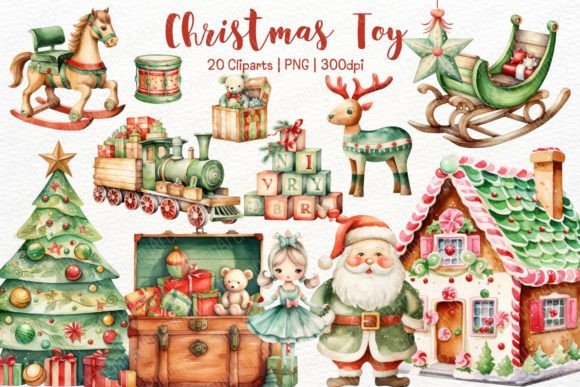 Christmas Wooden Toy Watercolor Clipart for Illustrations
