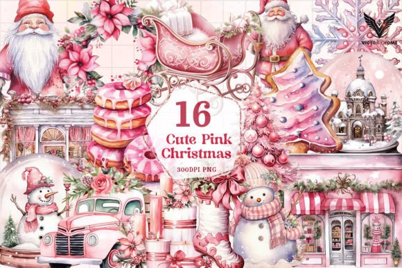 Cute Pink Christmas Sublimation Clipart for Modern Illustrations