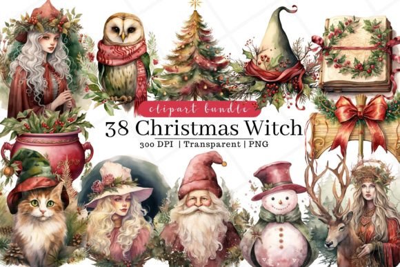 Fantasy Christmas Witch Watercolor for Festive Illustrations