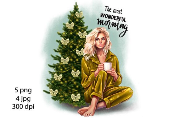 Girl with Coffee at the Christmas Tree Illustrations Review