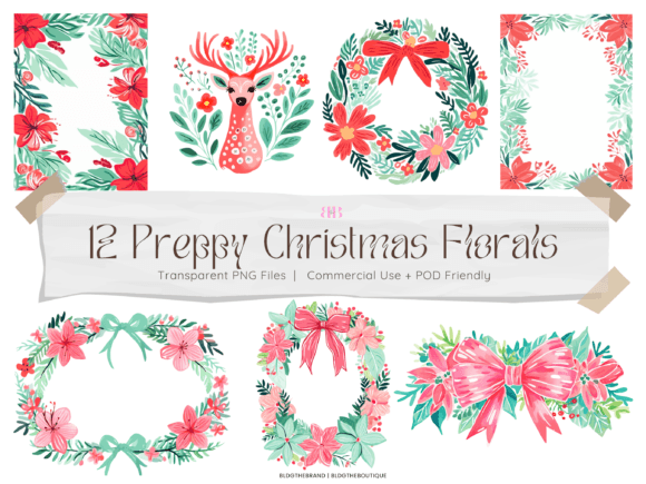 Preppy Christmas Floral Border PNG Files for Brand Illustrations