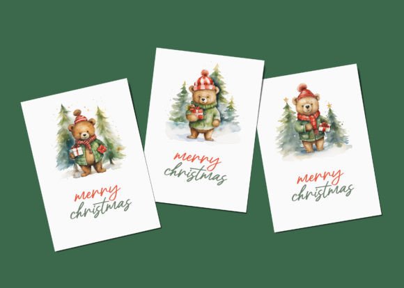 Set of 3 Teddy Bears Christmas Cards for Illustrations