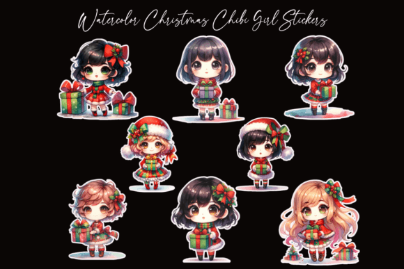 Watercolor Christmas Chibi Girl Stickers for Illustrations