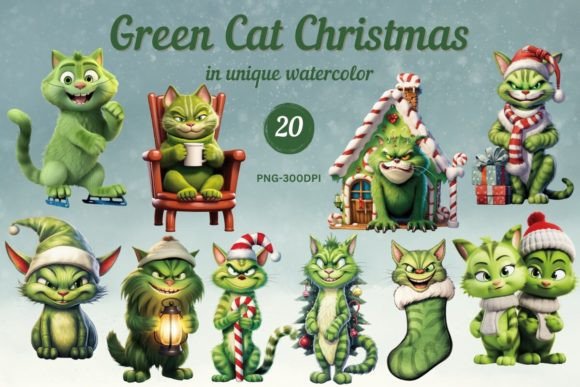 Watercolor Green Cat Christmas Clipart for Illustrations