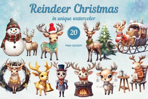Watercolor Reindeer Christmas Clipart for Illustrations